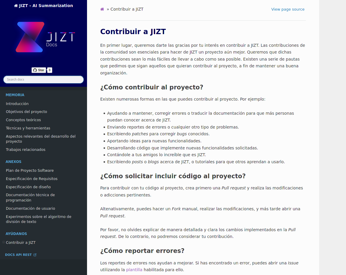 Captura de pantalla de la documentación en línea de JIZT.